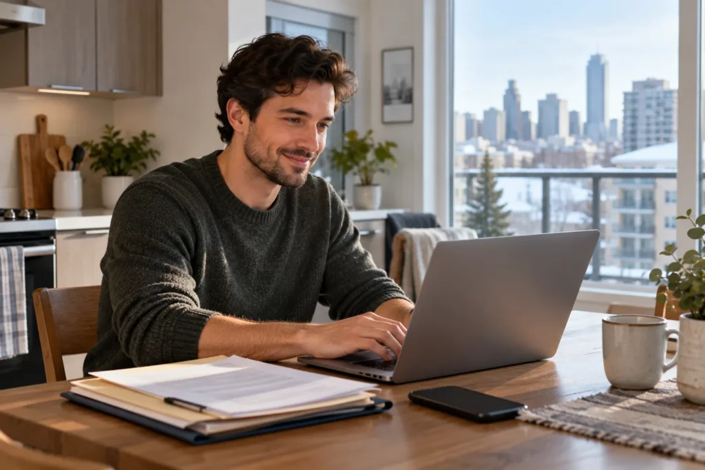 A man filling in an online application on his laptop at a kitchen table