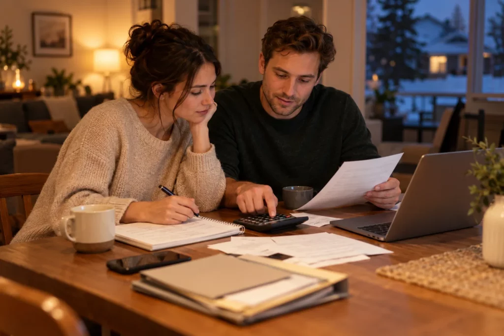 Two people at a table reviewing paperwork with a calculator, a notebook and a laptop