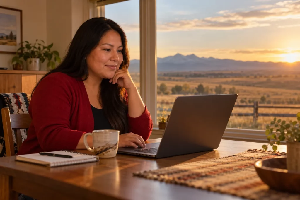 A First Nations woman studying online at home with a view of the Alberta prairie and foothills