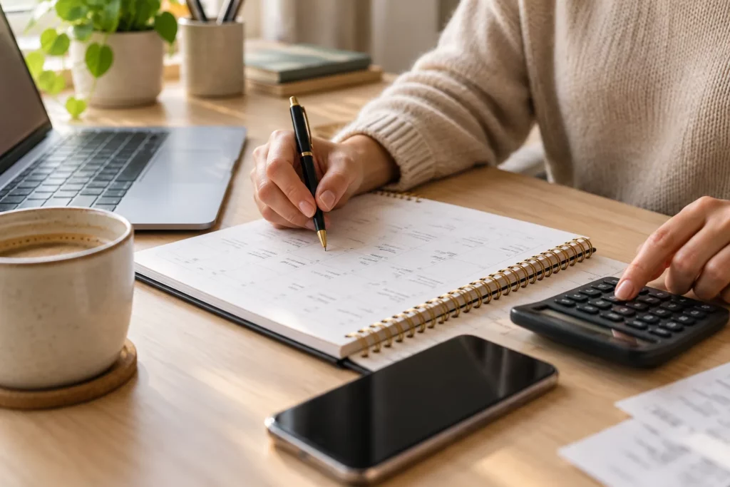 Hands writing in a paper planner next to a laptop, a calculator and a phone on a wooden desk