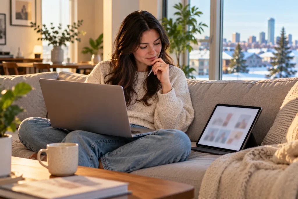 A young woman working on a laptop on a sofa at home, with a tablet beside her