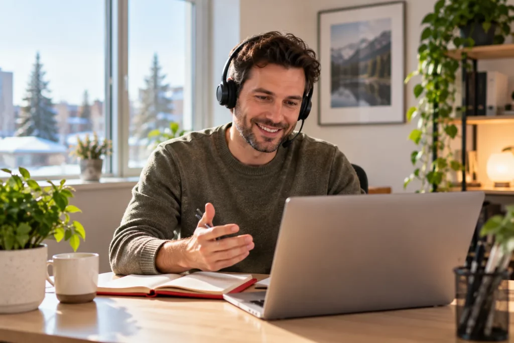 A friendly student advisor wearing a headset talking on a call