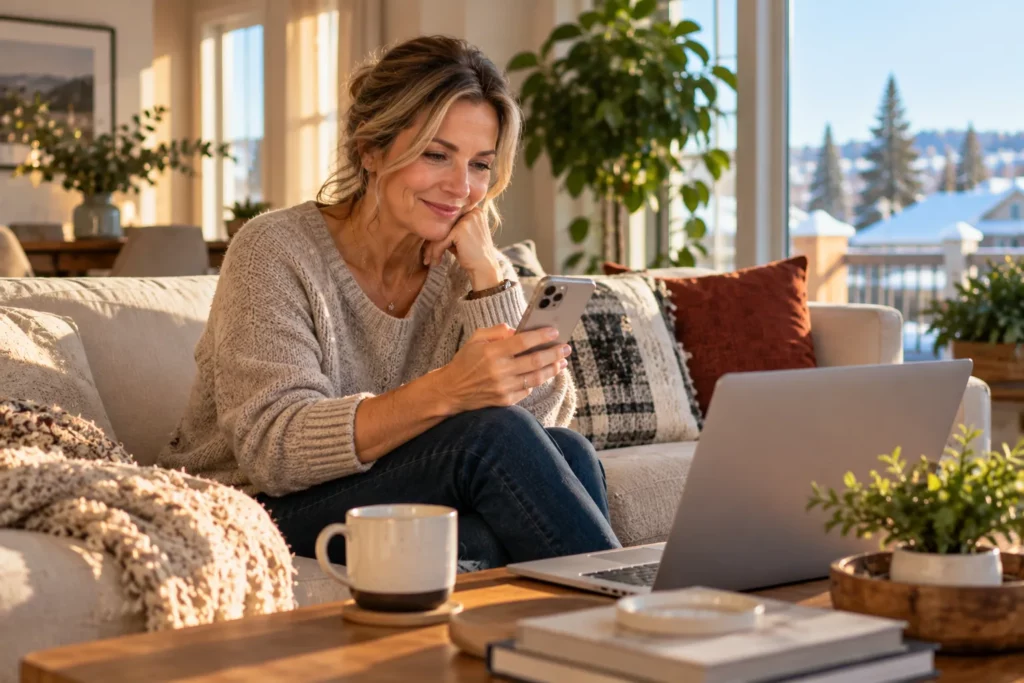 A woman reading answers on her phone while relaxing on a sofa