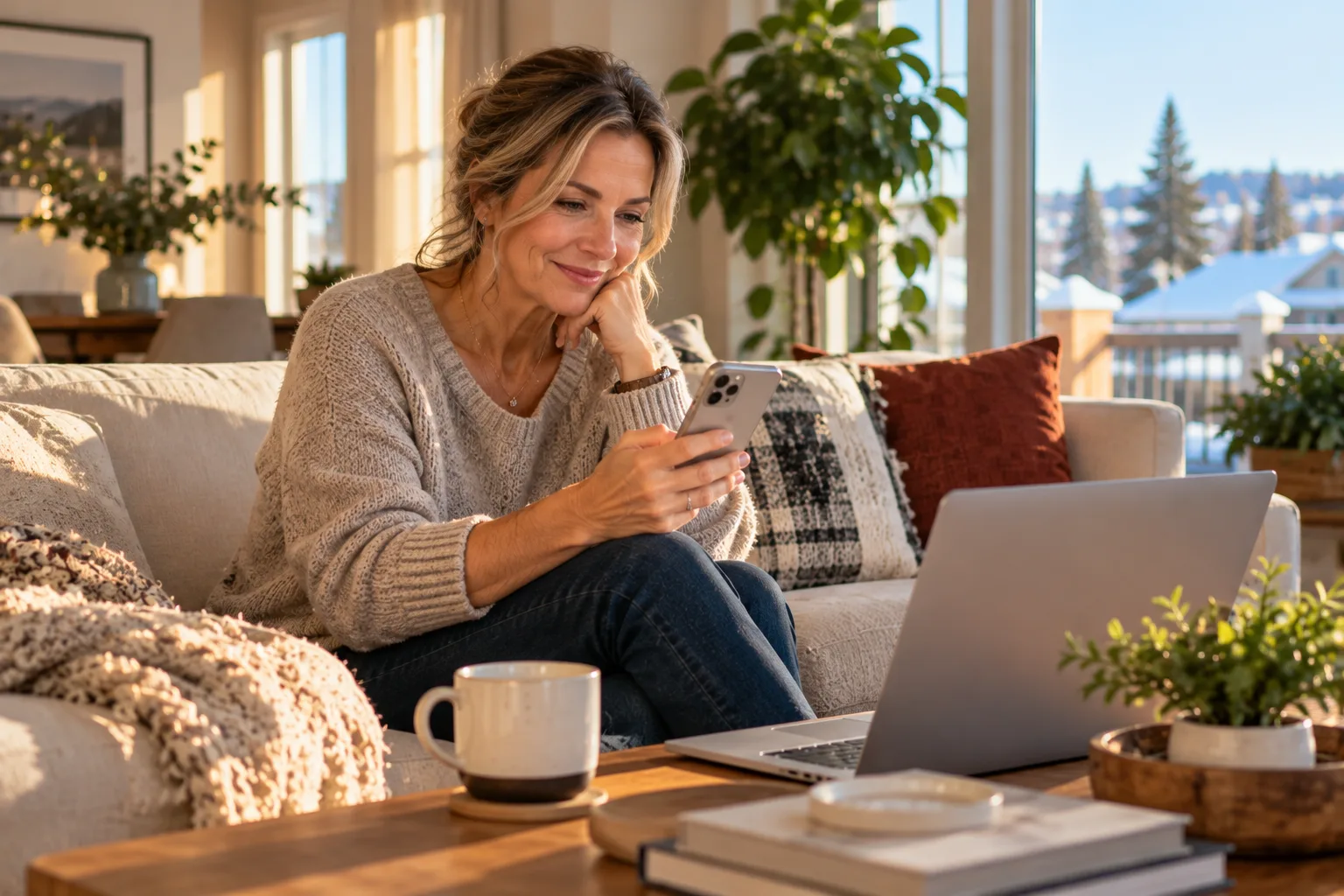 Woman reading on her phone at home