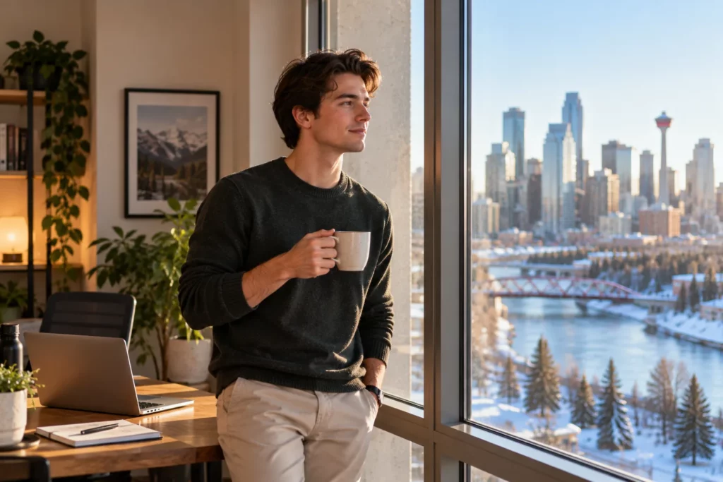 A young man holding a coffee and looking out a window at the Calgary skyline and the Bow River, with a laptop and notebook on a desk behind him