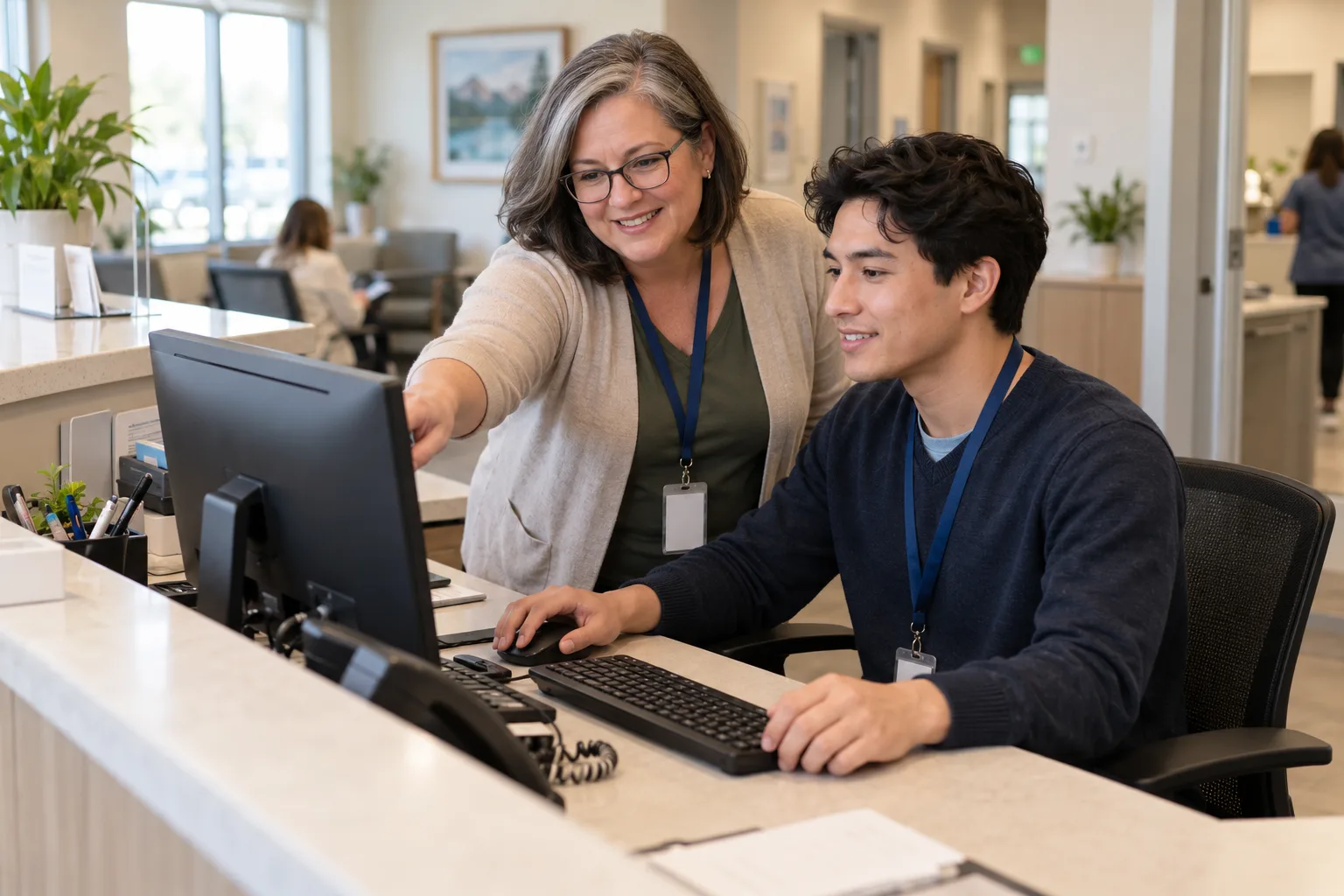 Supervisor guiding a student at a front desk
