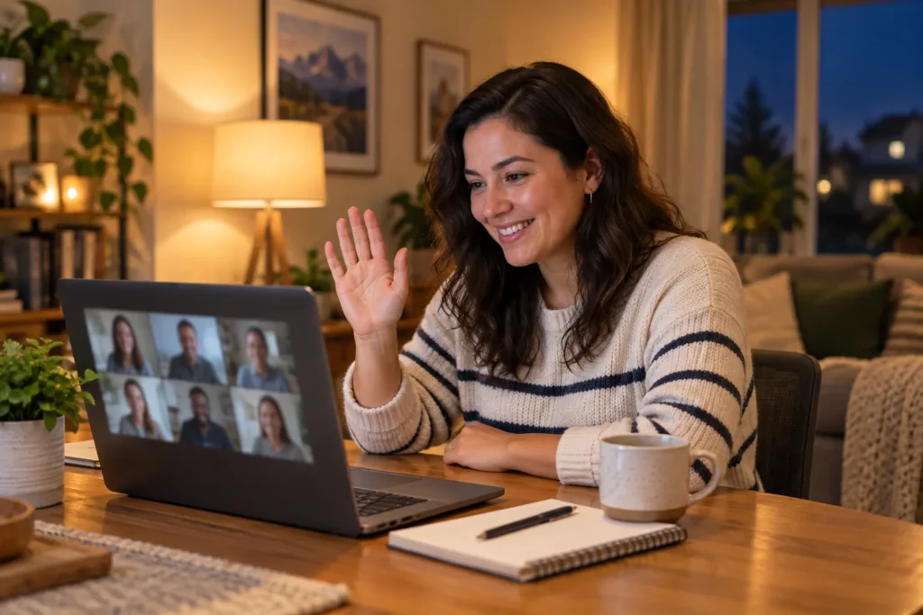 A woman raising her hand during a live online information session on her laptop