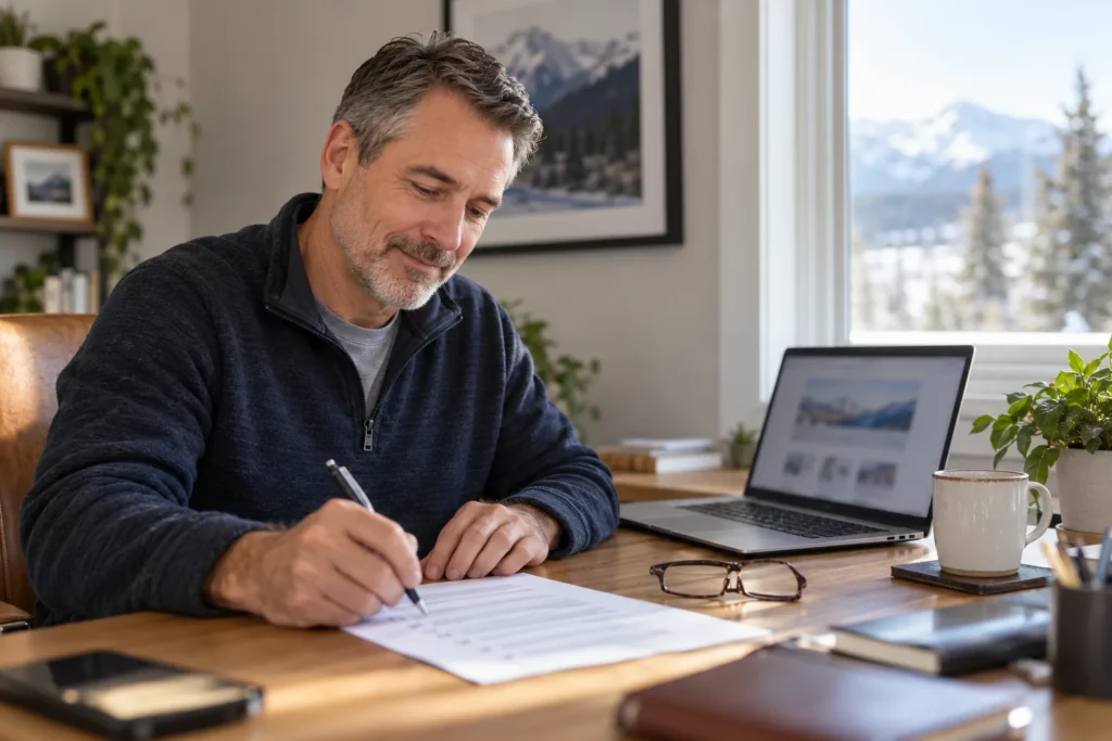 A man checking items off a printed checklist at his desk
