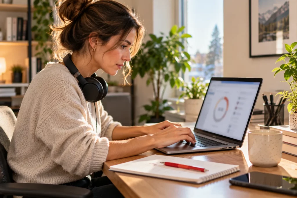 A woman working on a laptop at a desk with a notebook and pen beside her and a chart open on the screen