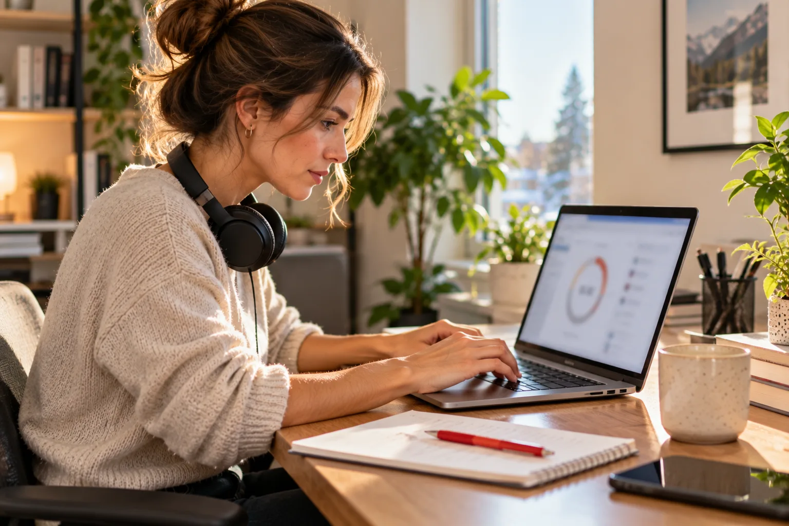 Woman typing at a laptop with headphones