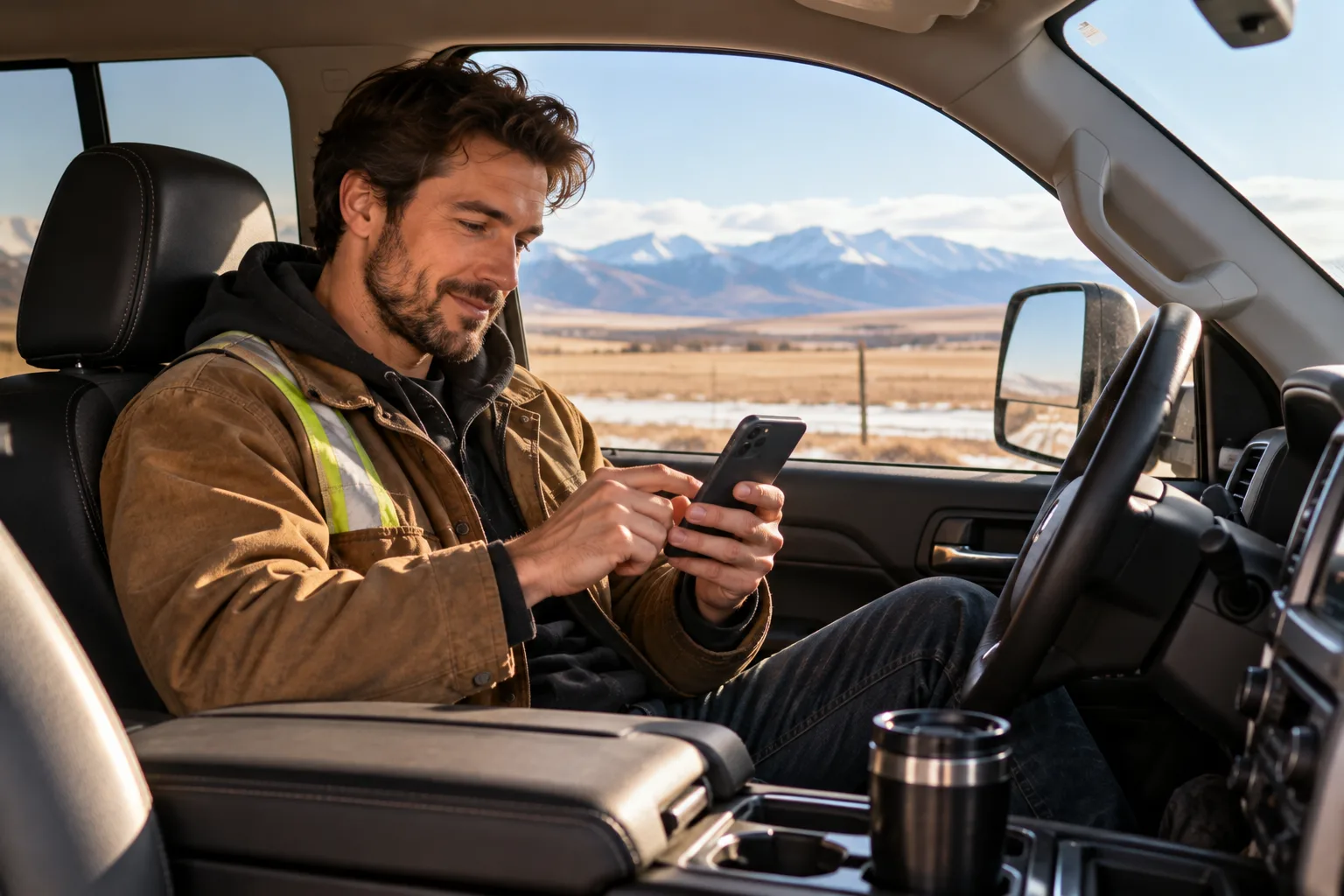 Man in a truck reading program details on his phone