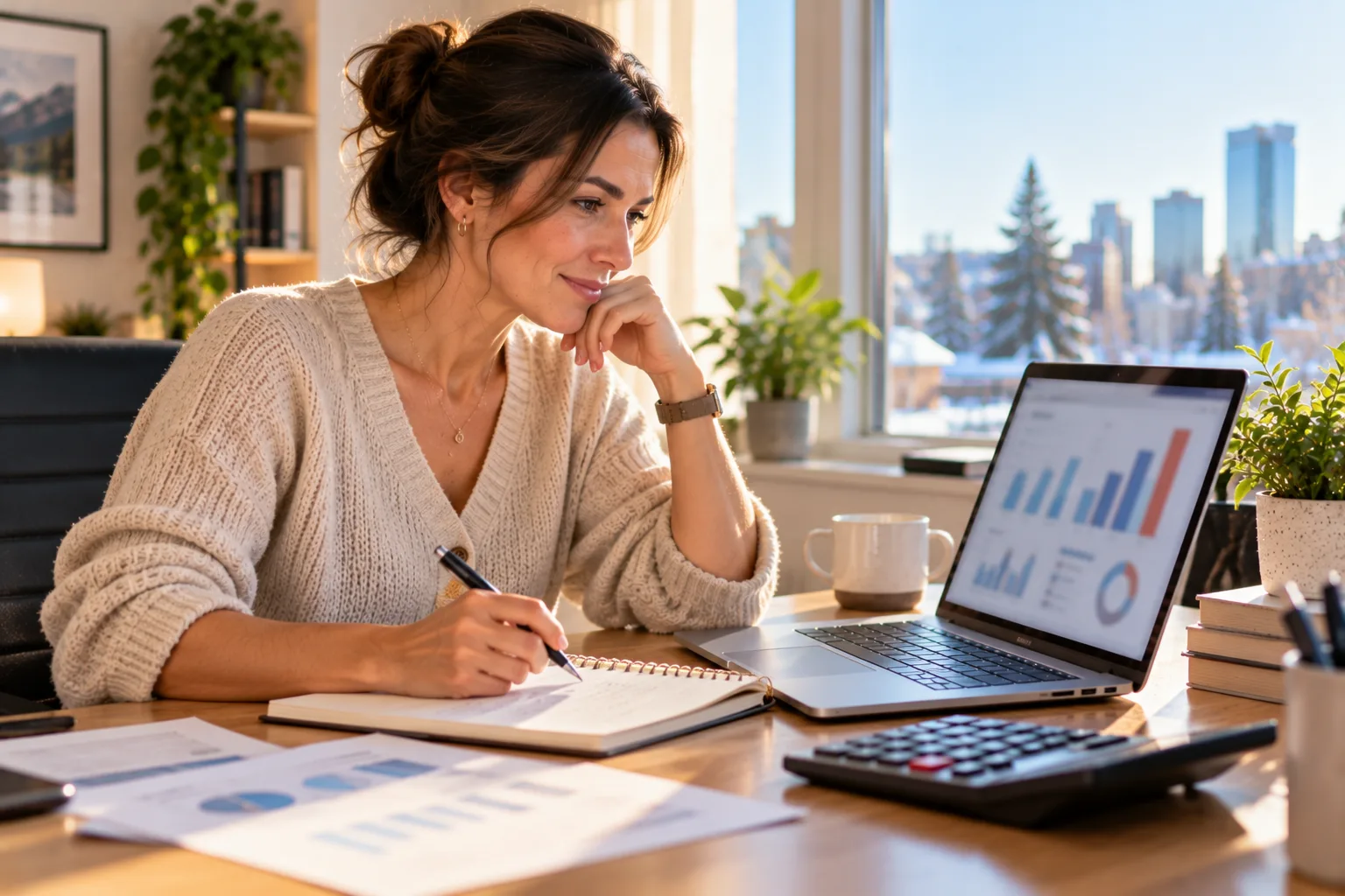 Woman reviewing charts on a laptop