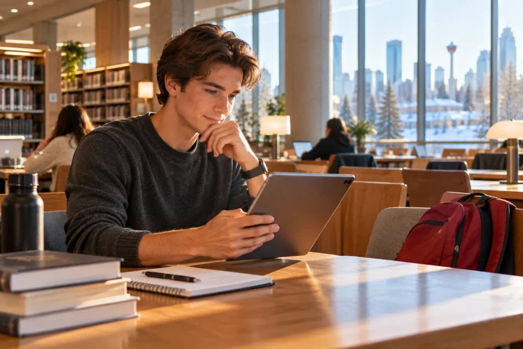 A student reading a document on a tablet at a library table, with the Calgary skyline in the window behind