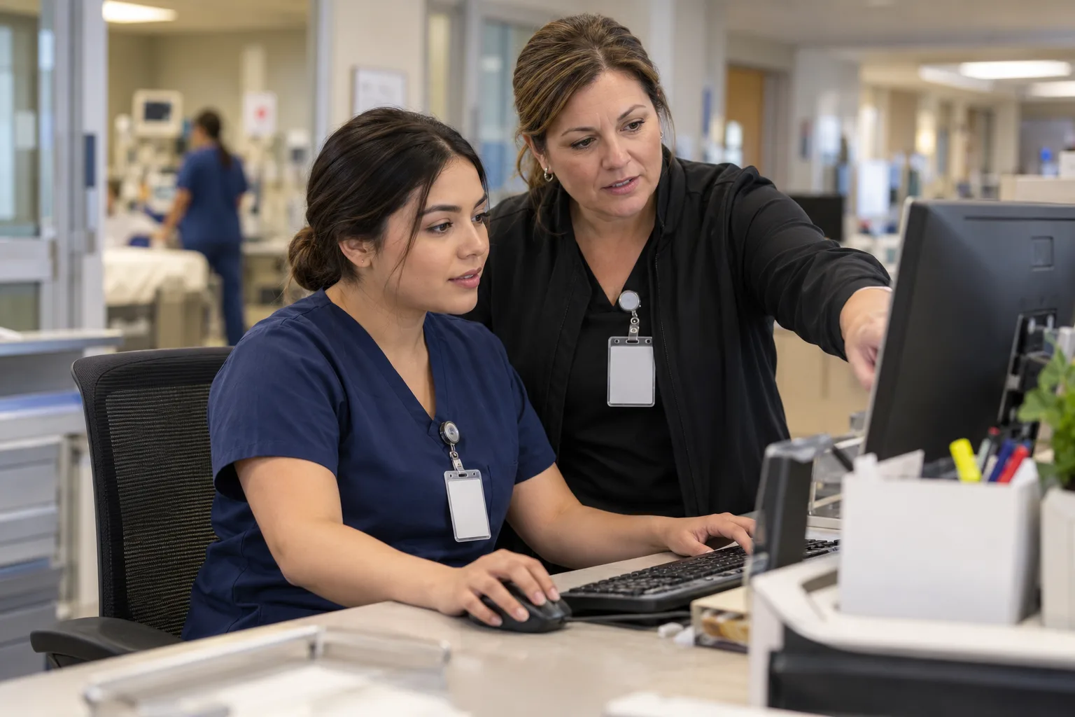 Practicum student at a hospital unit desk with a supervisor