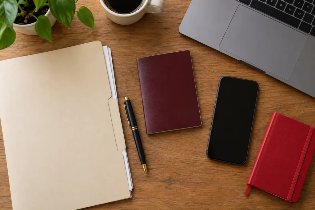 Documents, a folder, a phone and a notebook laid out to prepare an application