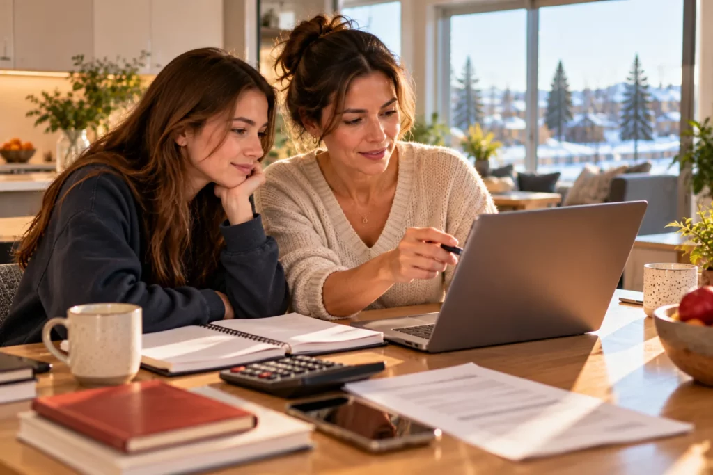 A mother and her teenage daughter discussing education options on a laptop