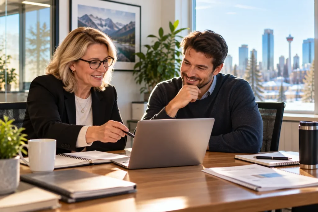 An employer and an employee discussing a training plan at a meeting table