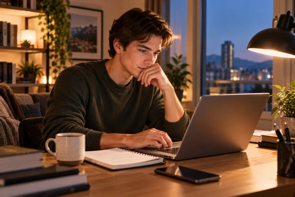 A young man reviewing information on his laptop in the evening
