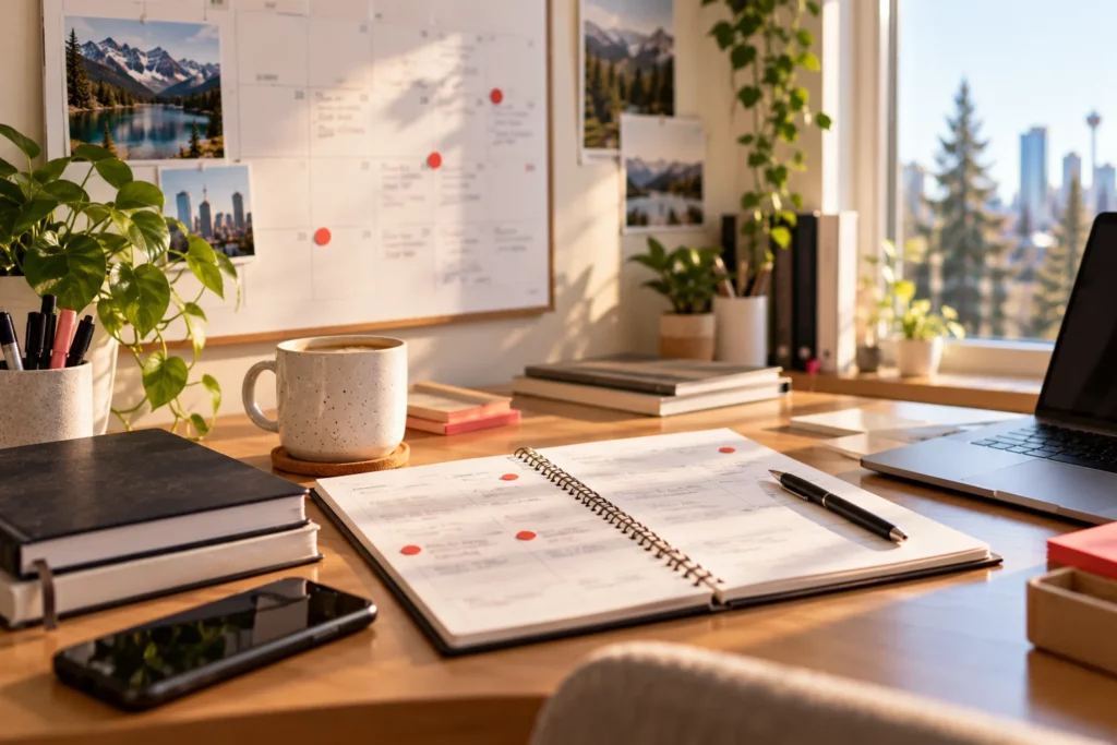 A wall calendar and a weekly planner on a desk for study planning