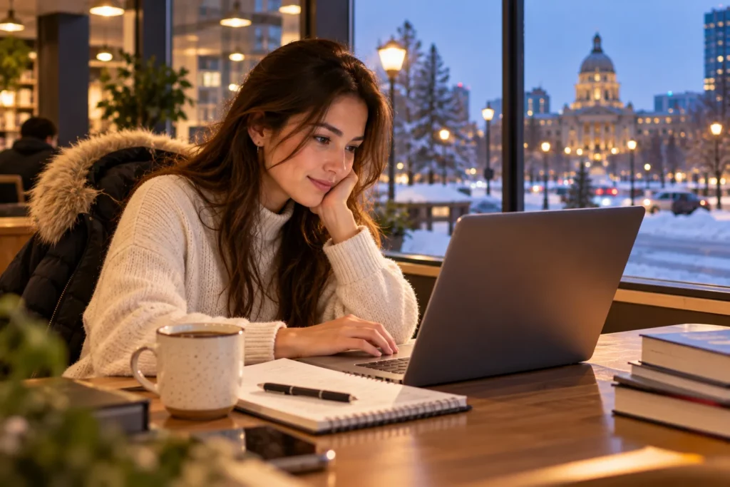A newcomer to Canada studying on a laptop by a window on a snowy Edmonton evening