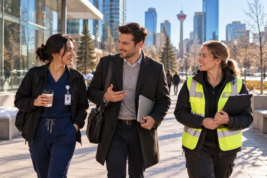 Three professionals from healthcare, business and logistics walking together in downtown Calgary