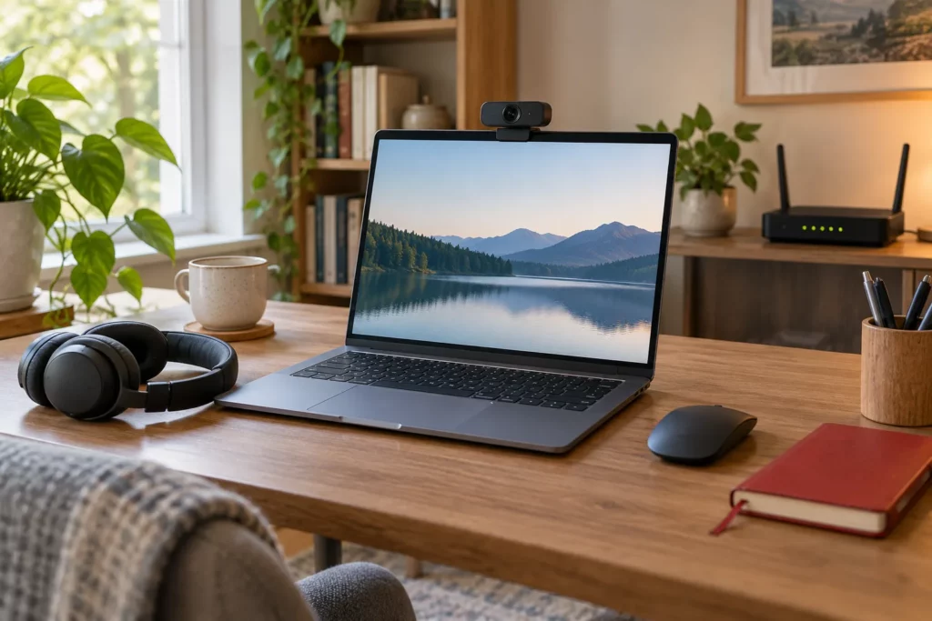 A home study setup with a laptop, webcam, headset and router