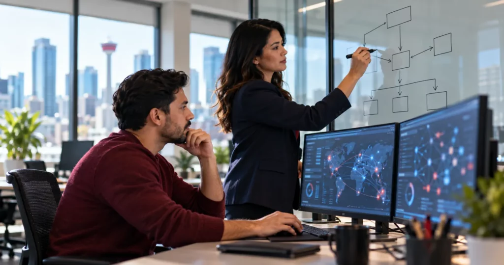 Two cybersecurity professionals at work: one monitoring dashboards, one drawing a network diagram