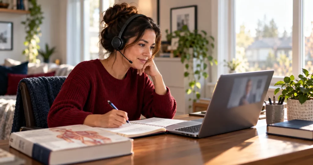 A student wearing a headset taking an online medical office assistant course at a home desk