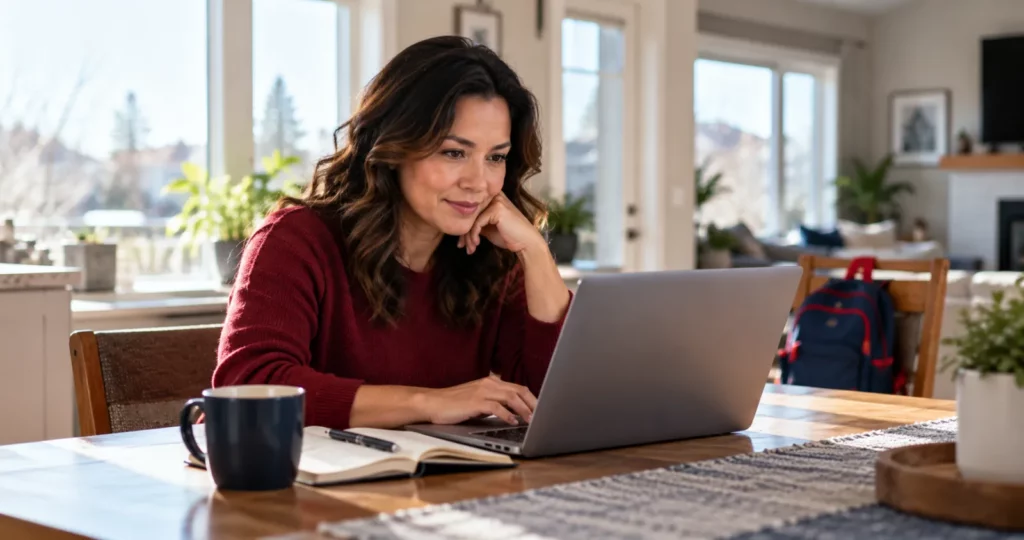 An adult learner studying on a laptop at her dining table at home in the morning
