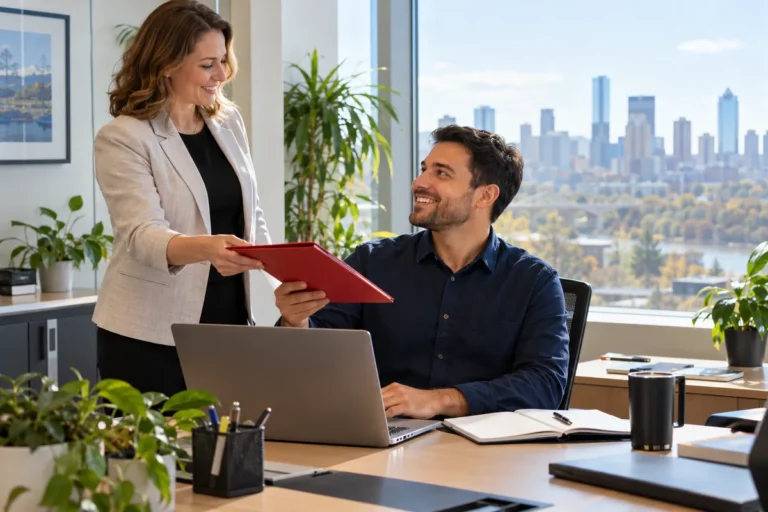 An administrative assistant taking a folder from a manager at an office desk