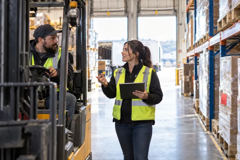 A supply chain coordinator with a tablet in a warehouse aisle