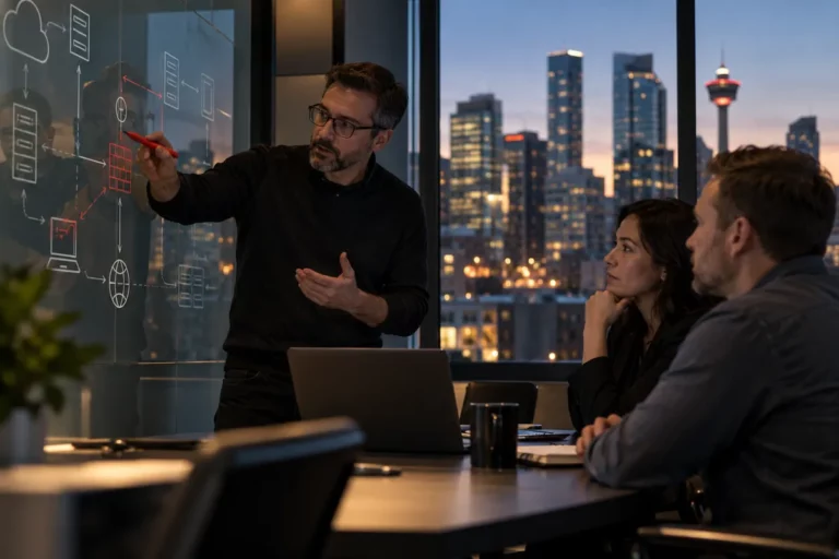 A cybersecurity specialist explaining a network diagram to colleagues