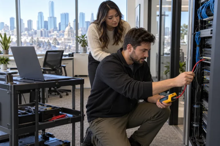 An IT support technician testing network cables in a small office