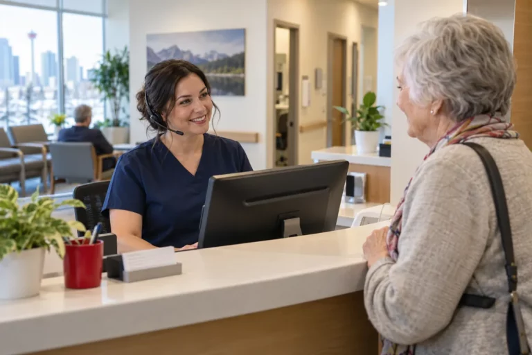 A medical office assistant checking in a patient at a clinic reception desk