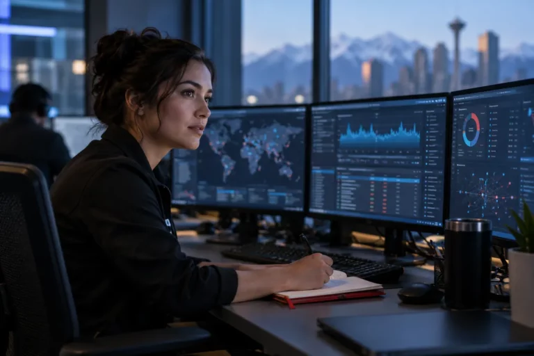 A security analyst monitoring dashboards at a workstation