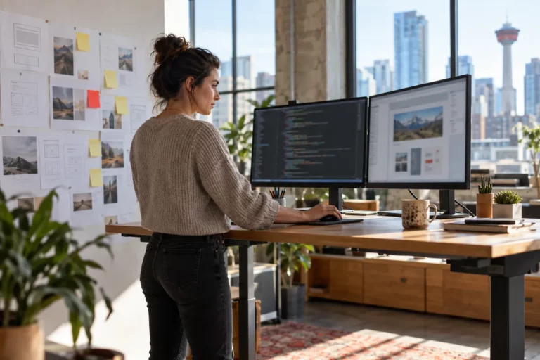 A web developer working on a website layout at a standing desk