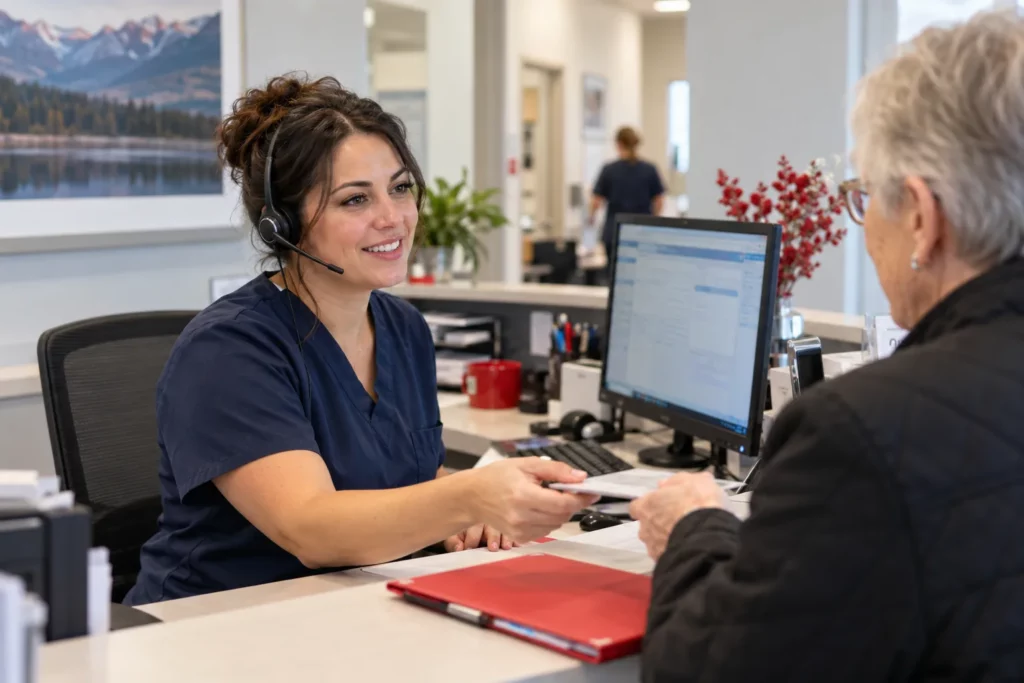 A medical office assistant checking in a patient at a family clinic front desk