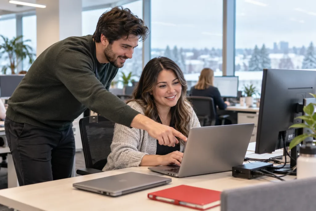 An IT support technician helping a coworker with her laptop in an open-plan office