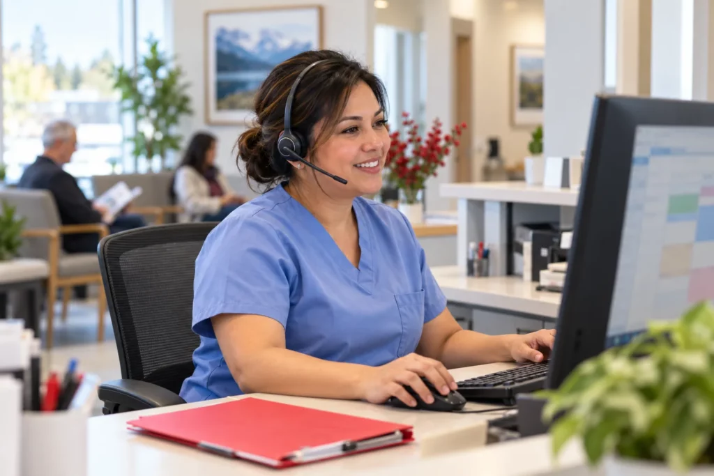 A medical office assistant booking an appointment by phone at a specialist clinic