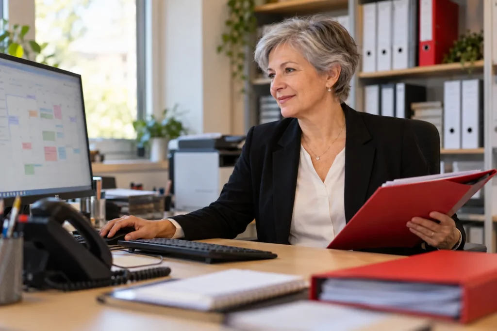 An administrative assistant managing schedules and documents at her office desk