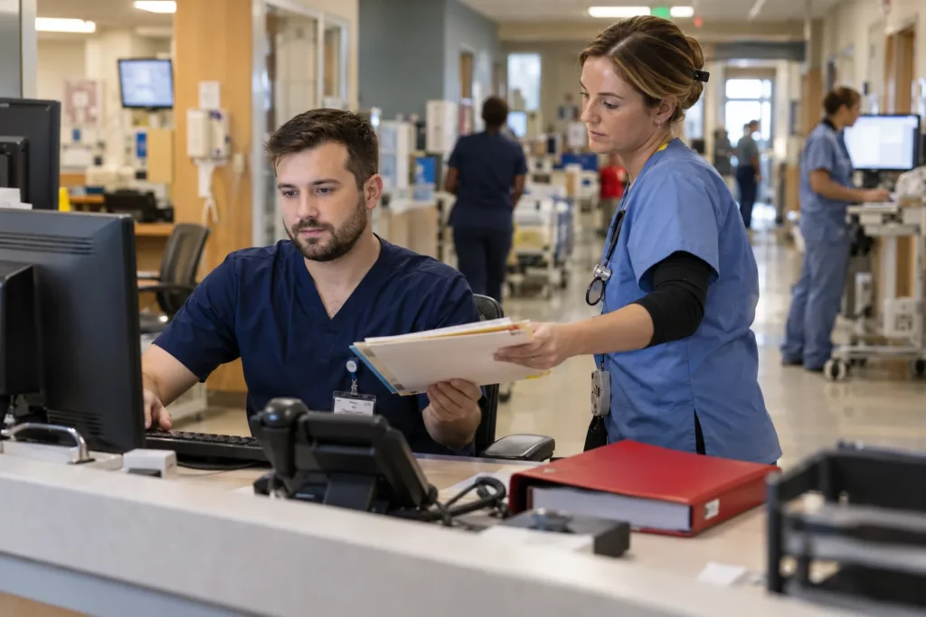 A unit clerk coordinating paperwork at a hospital nursing station