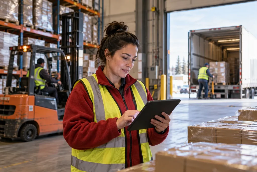 A logistics coordinator checking shipments on a tablet in a warehouse