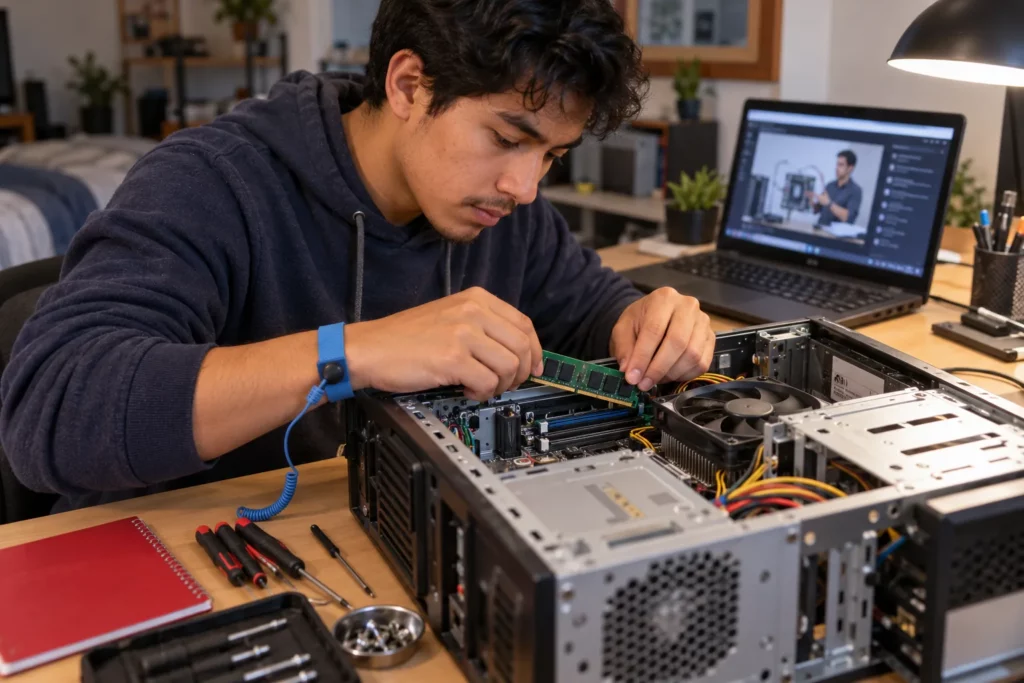 An IT student practising on an open desktop computer at home