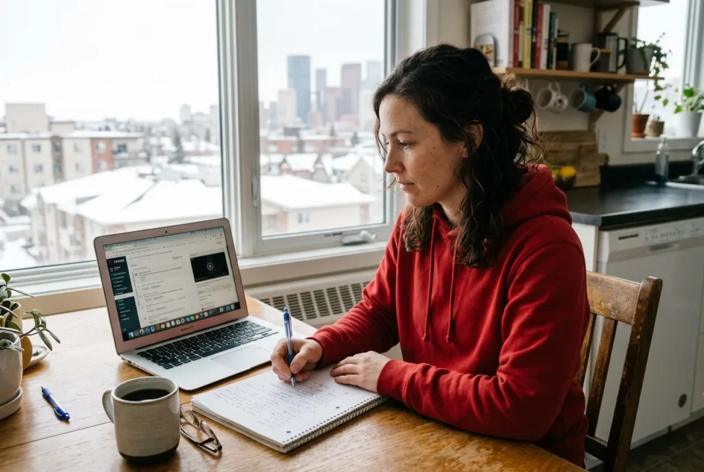 A woman studying online at her kitchen table on a winter day