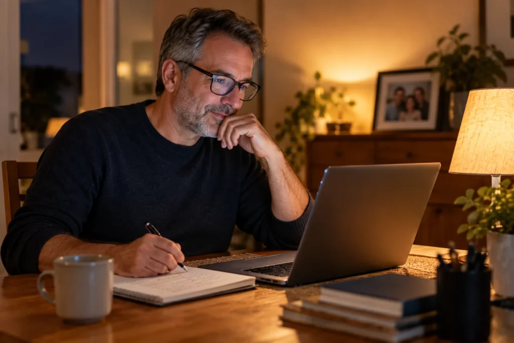 An adult learner studying online in the evening after work