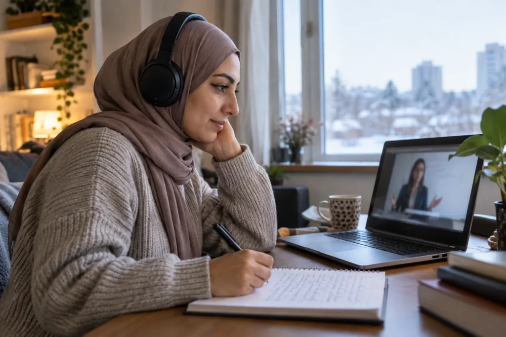 A newcomer to Canada studying online with headphones at home