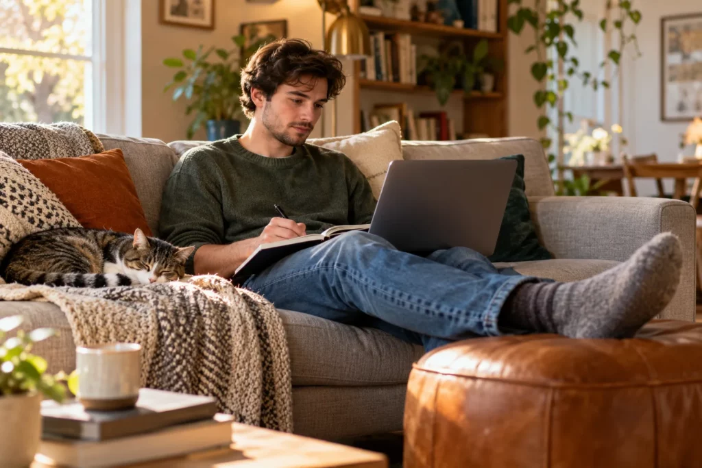 A student working through a self-paced online lesson on a laptop
