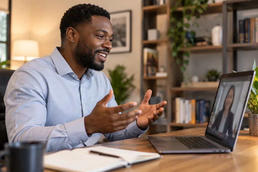 A job candidate in a video interview on a laptop at home