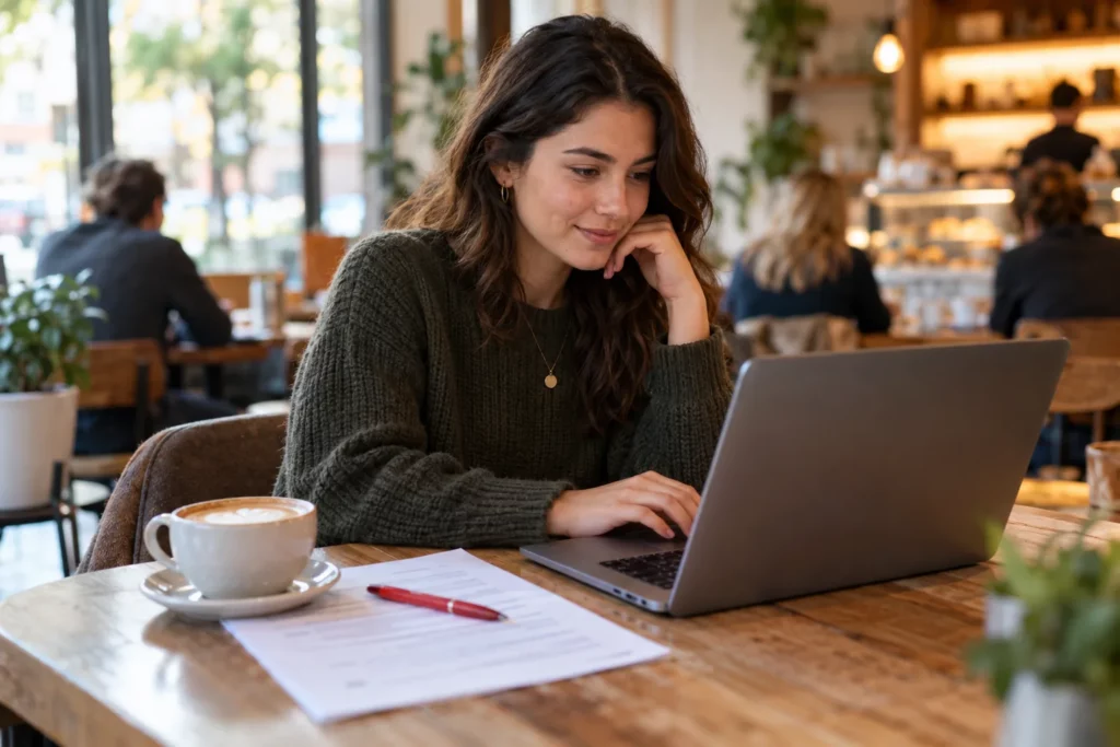 A job seeker editing a résumé on a laptop with notes beside it