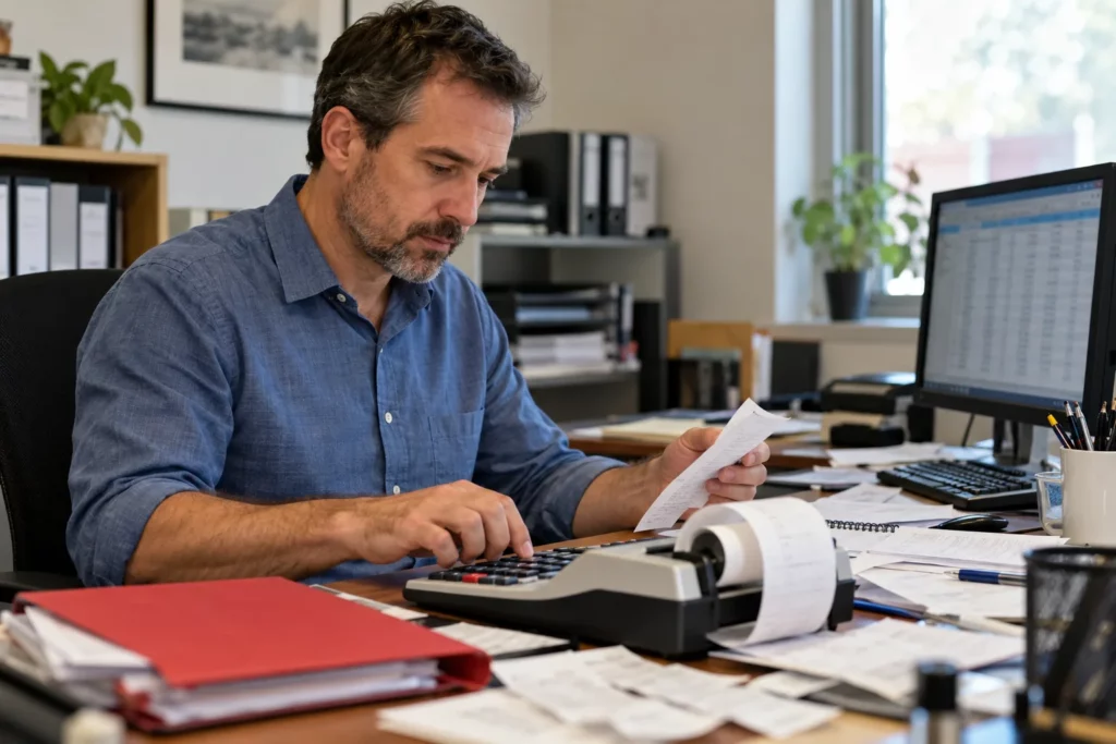 An office administrator doing bookkeeping with a calculator and spreadsheet